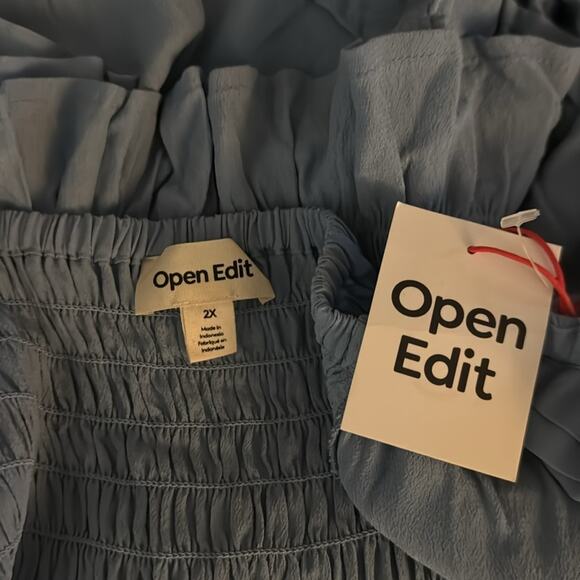 Open Edit Tie Front Puff Sleeve Blouse - Blue Chambray Size 2X - Picture 9 of 9